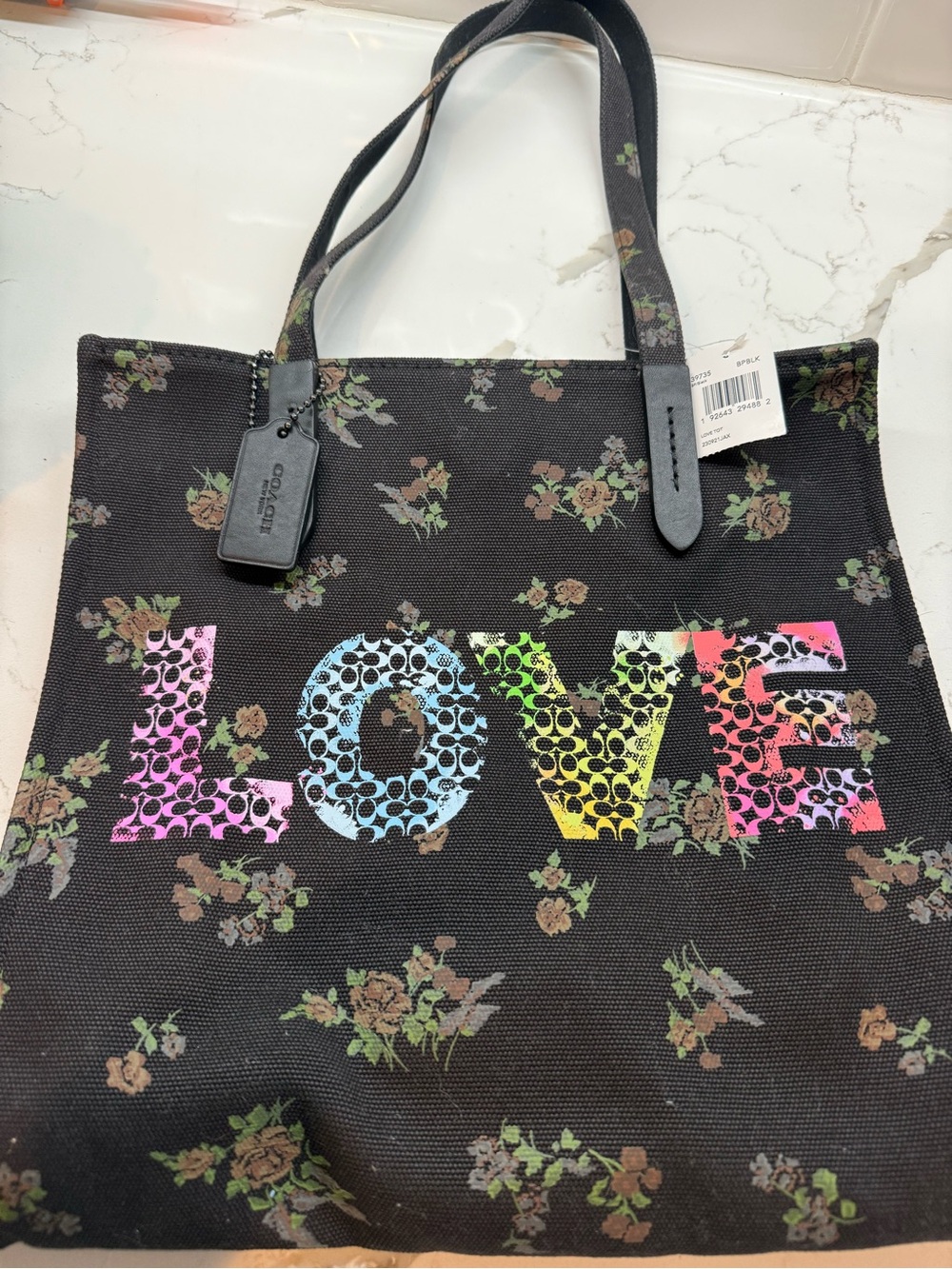 Coach Black Floral Tote with Rainbow LOVE Logo